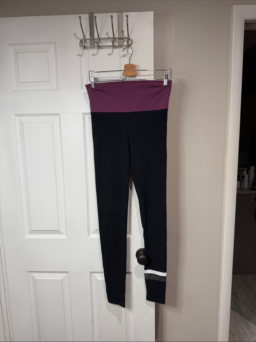 Victoria's Secret Black Leggings with Plum Fold-Over Waistband